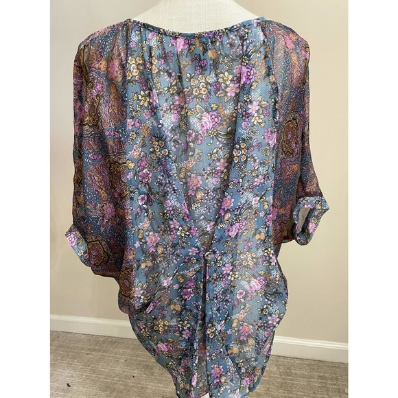 Copper Key Sheer Blouse Blue Purple Floral Flowy Shirt Sz M Kimono Sleeve - Picture 2 of 12